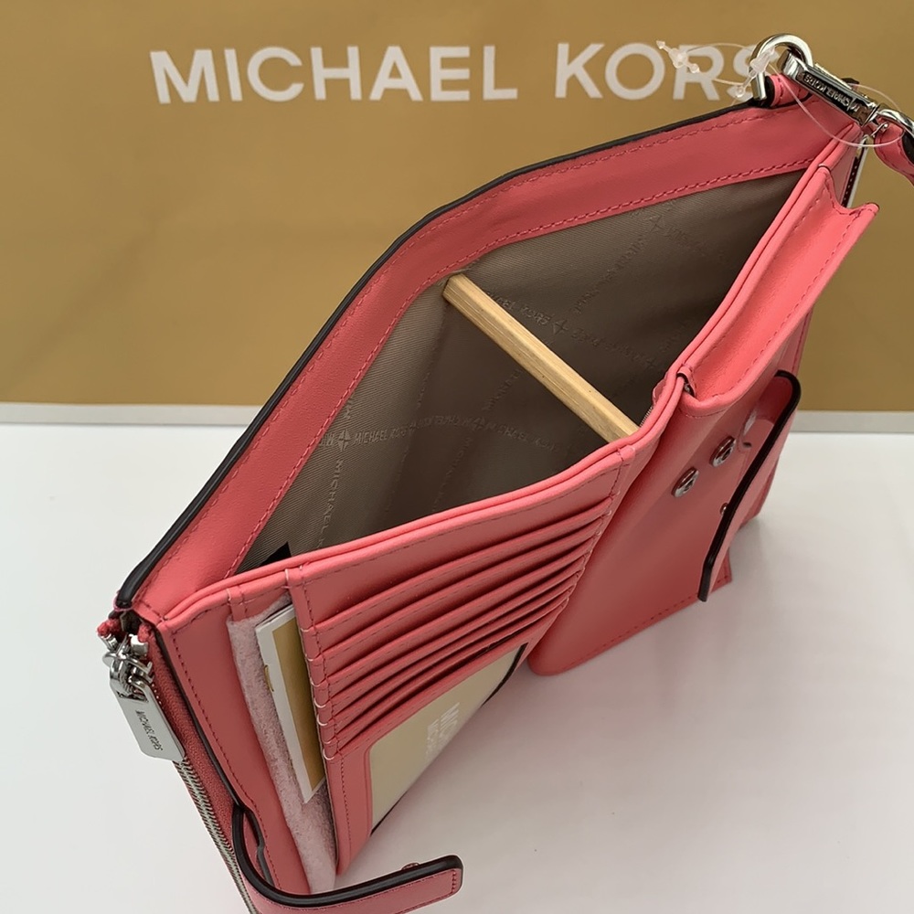 MICHAEL KORS JET SET TRAVEL LARGE DOUBLE ZIP WRISTLET WALLET TEA ROSE COLOR - Picture 7 of 14